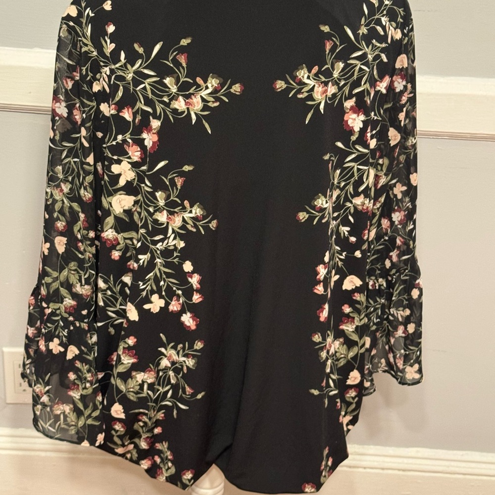 Alfani Black Floral Pink Flowy Feminine Long Bohemian Long Sleeve Blouse - Picture 5 of 7